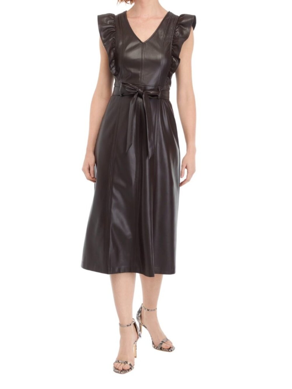 NWT Womens Faux Leather Midi Dress SZ 14 Trail Brown Ruffle Sleeves Tie Waist
